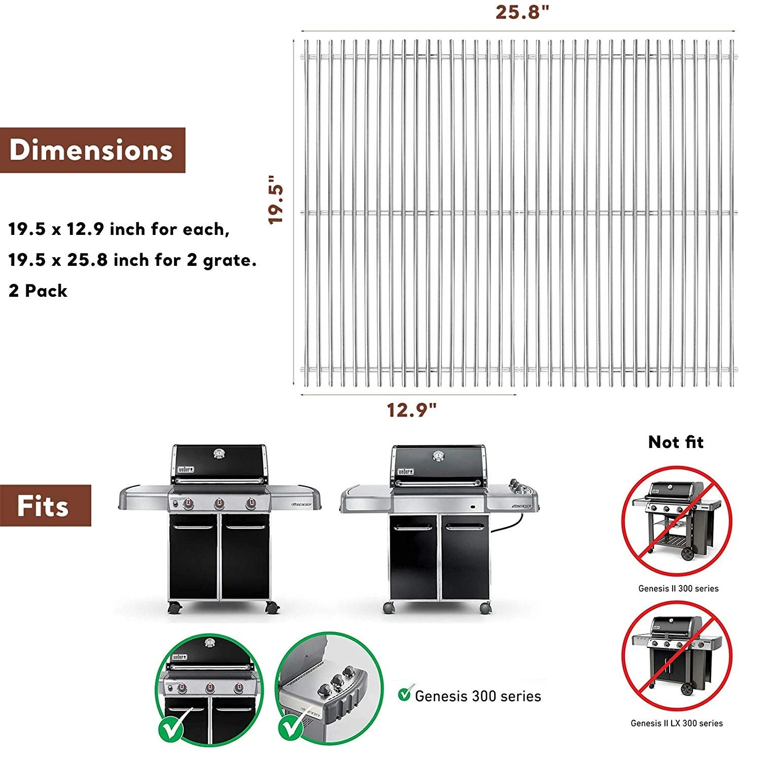 19.5'' Cooking Grates For Weber Genesis E-310, E320, E-330 Grills, 304 Stainless Steel 7528 Grill Replacement Parts 5 19.5'' Cooking Grates For Weber Genesis E-310, E320, E-330 Grills, 304 Stainless Steel 7528 Grill Replacement Parts - Image 3