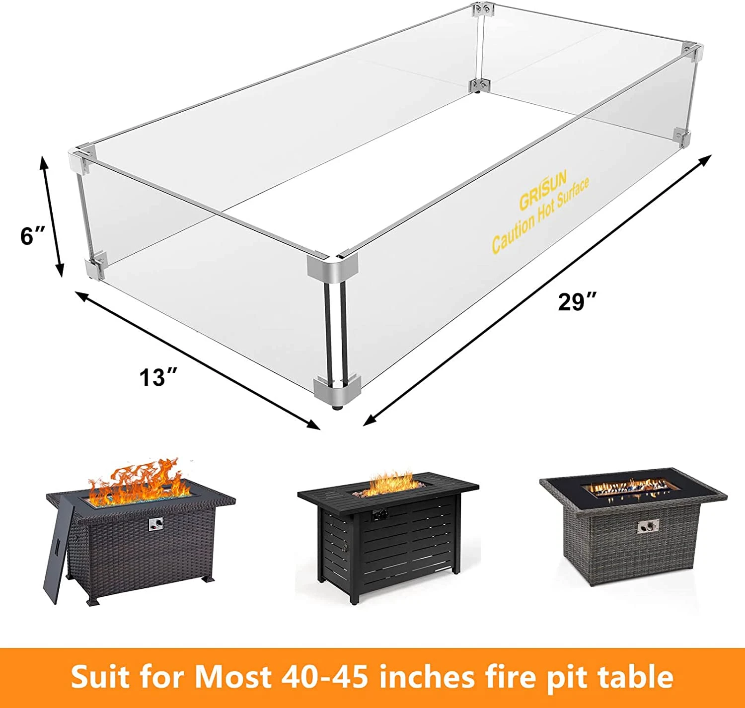 Fire Pit Glass Wind Guard, 29 X 13 X 6 Inch, Thick Rectangular Heat-Resistant Tempered With Hard Bracket And Rubber Feet For Propane, Gas, Outdoor 4 Fire Pit Glass Wind Guard, 29 X 13 X 6 Inch, Thick Rectangular Heat-Resistant Tempered With Hard Bracket And Rubber Feet For Propane, Gas, Outdoor - Image 2
