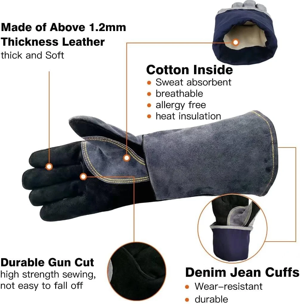 16" 932℉ Leather Forge Heat Resistant Welding Gloves Mitts For BBQ, Oven, Grill, Fireplace, Fire Pit, Tig, Mig, Baking, Furnace, Stove, Pot Holder 6 16" 932℉ Leather Forge Heat Resistant Welding Gloves Mitts For BBQ, Oven, Grill, Fireplace, Fire Pit, Tig, Mig, Baking, Furnace, Stove, Pot Holder - Image 4