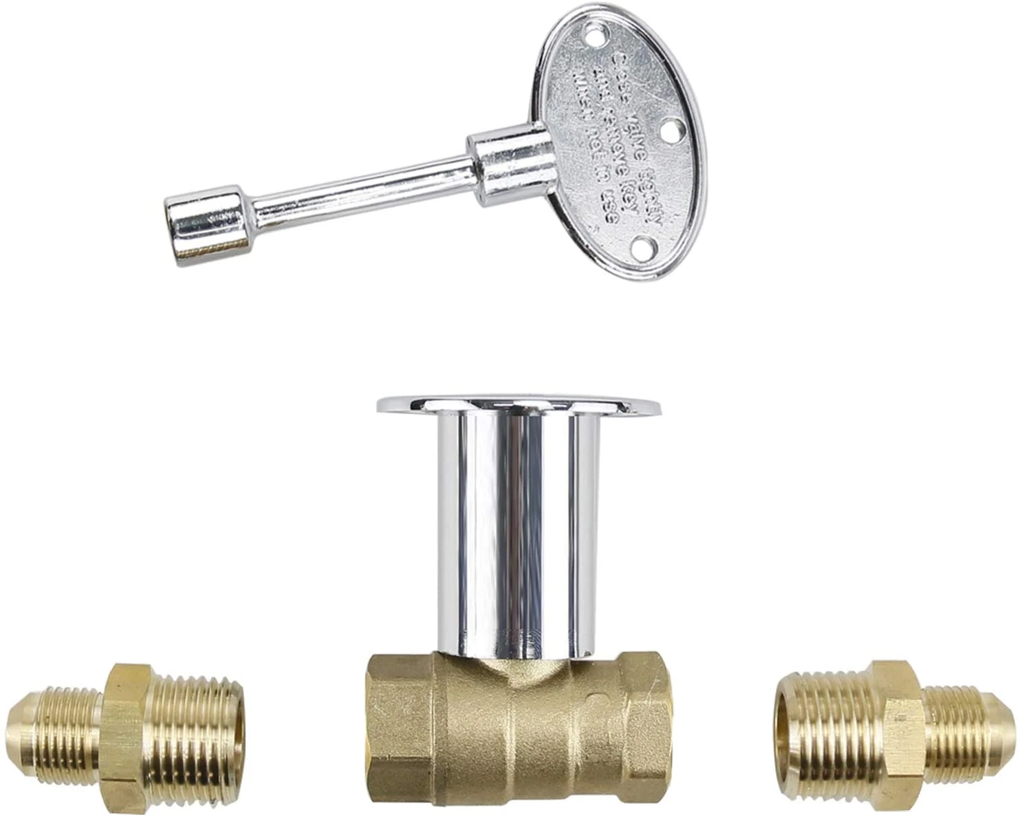 1/2'' 90K BTUStraight Quarter-Turn Shut-Off Valve Kit For NG LP Gas Fire Pits With Polished Chrome FLANGE, 3'' Key And 3/8 Male Flare X 1/2 3 1/2'' 90K BTUStraight Quarter-Turn Shut-Off Valve Kit For NG LP Gas Fire Pits With Polished Chrome FLANGE, 3'' Key And 3/8 Male Flare X 1/2