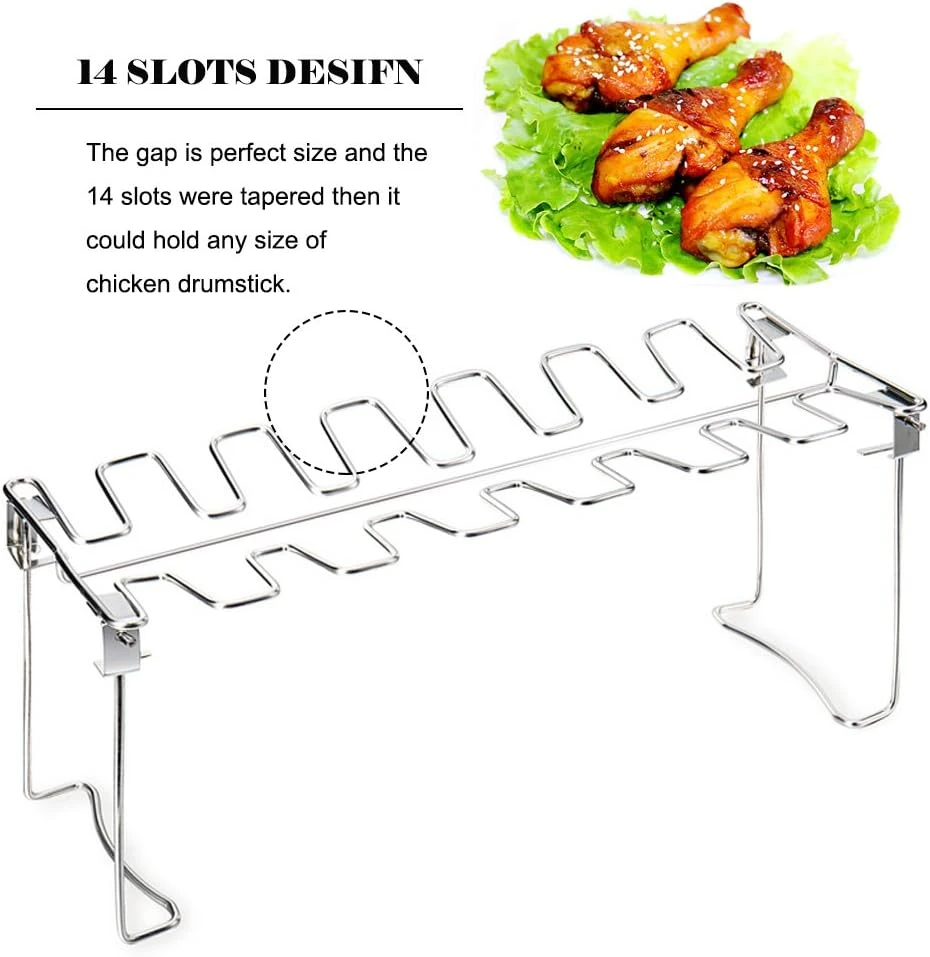 Chicken Leg Wing Rack 14 Slots Stainless Steel Metal Roaster Stand With Drip Tray For BBQ Smoker Grill Or Oven, Dishwasher Safe 8 Chicken Leg Wing Rack 14 Slots Stainless Steel Metal Roaster Stand With Drip Tray For BBQ Smoker Grill Or Oven, Dishwasher Safe - Image 6