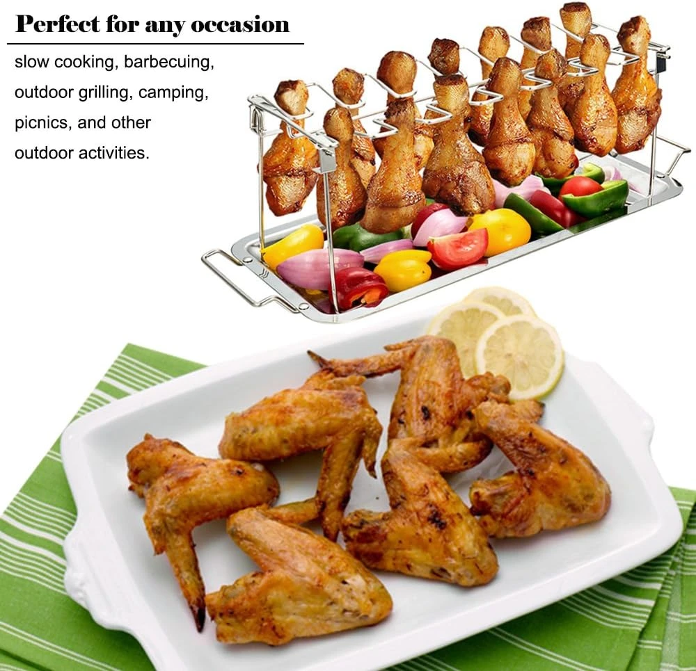 Chicken Leg Wing Rack 14 Slots Stainless Steel Metal Roaster Stand With Drip Tray For BBQ Smoker Grill Or Oven, Dishwasher Safe 9 Chicken Leg Wing Rack 14 Slots Stainless Steel Metal Roaster Stand With Drip Tray For BBQ Smoker Grill Or Oven, Dishwasher Safe - Image 7