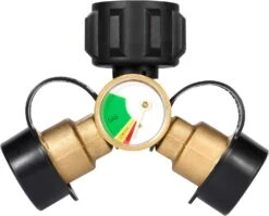 2 Way Propane LP Gas Tank Y Splitter Adapter With Gauge Connector For 20lb LP Cylinder, BBQ Grill, Gas Burner, Camping Stove, Heater, RV Camper