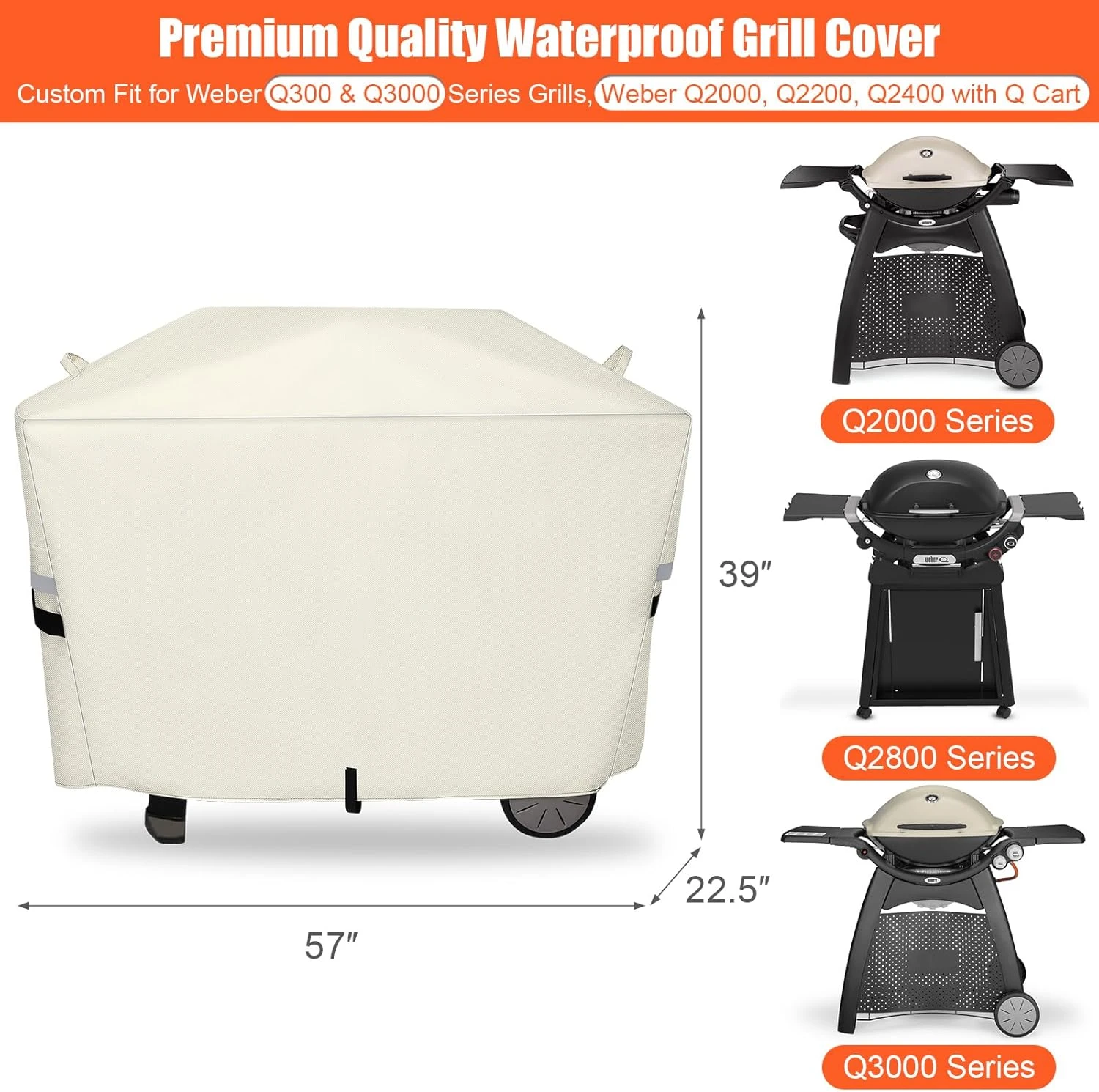 Grill Cover 7112 For Weber Q2000, Q2200, Q2400, Q2000N+, Q2800N+, Q300, Q320, Q3000, Q3200 Gas Grills, 600D Waterproof Fade Resistant Cover, Beige 4 Grill Cover 7112 For Weber Q2000, Q2200, Q2400, Q2000N+, Q2800N+, Q300, Q320, Q3000, Q3200 Gas Grills, 600D Waterproof Fade Resistant Cover, Beige - Image 2