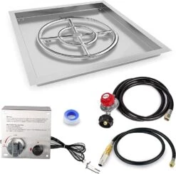 18" X 18" Stainless Steel Round Drop-in Fire Pit Burner Pan, 12" Burner Ring And Spark Ignition Hose Kit For LP NG Gas Fire Pit And Fireplace