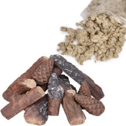 10Pcs Small Fake Wood Logs Ceramic FireLogs And Fiber Pine Cones For Propane Fire Pits Or Gas Fireplaces With 10 Oz. Rock Wool Glowing Embers
