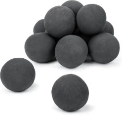 4 Inch Black Round Ceramic Fire Balls For Fire Pit, Tempered Fire Stones For Natural Or Propane Fireplace, Set Of 12 Reusable Fireballs