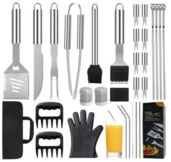 30PCS BBQ Grill Griddle Tools Set With Meat Claws, Spatula, Fork, Tongs, Grilling Accessories In Portable Bag, Perfect Grill Gifts