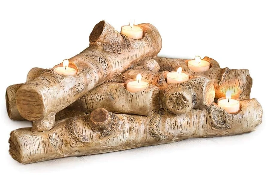 Faux Birch Wood Resin Logs Candle Holder For Fireplace, Romantic Ambiance Without Heat Or Mess, Holds 8 Tea Lights, Realistic Sculpted Logs